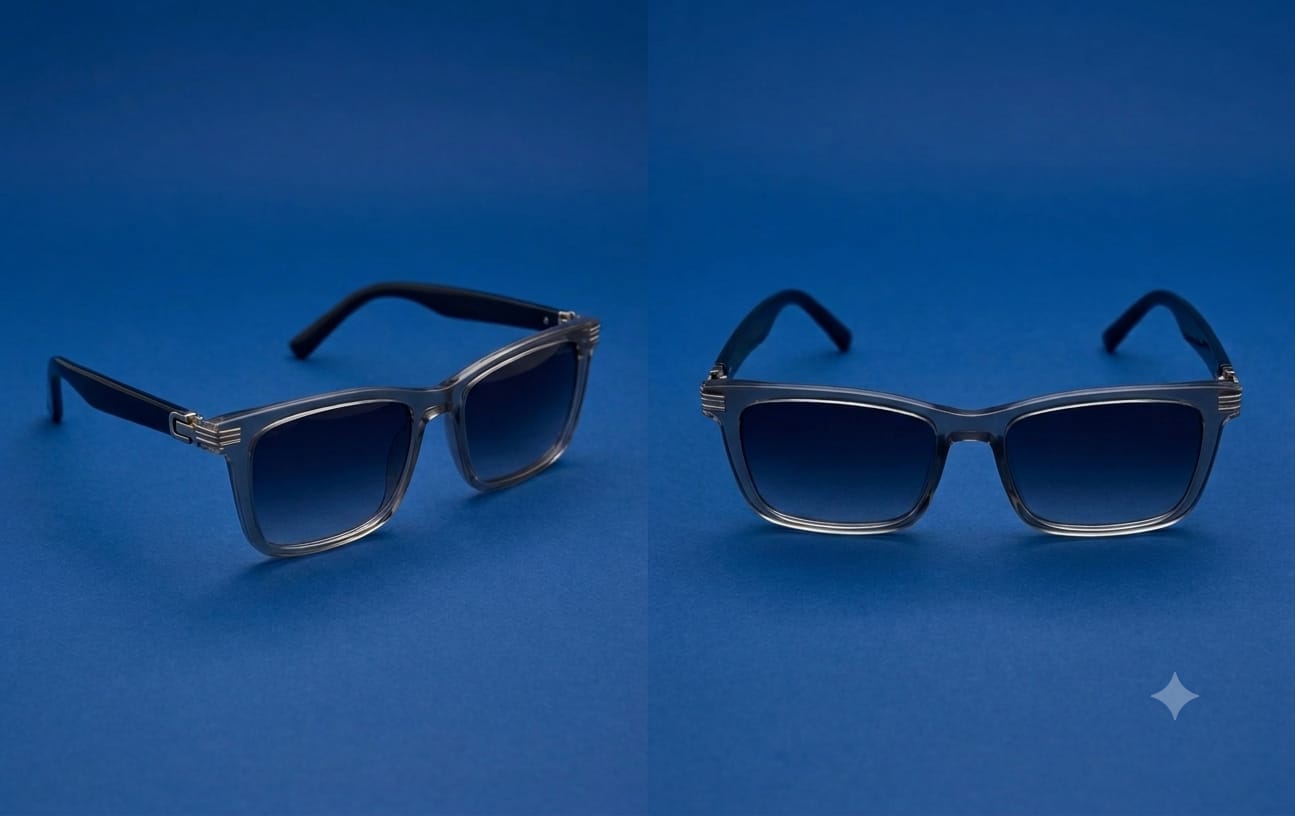 stylish, semi-transparent grey frame sunglasses